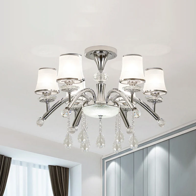 Modernism Bell semi-inbouwlamp van matglas met 6 lampen chroom met kristallen druppel Clearhalo