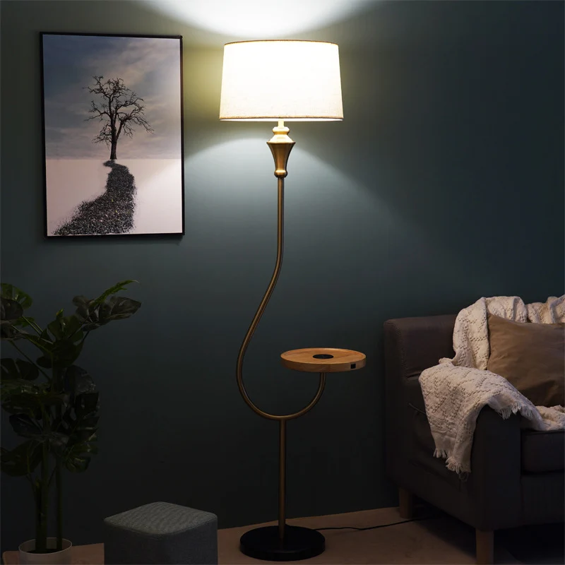 Modernisme Drum Shade Stand-up Lamp Stof Slaapkamer Vloerlamp met enkele kop en plank goud Clearhalo