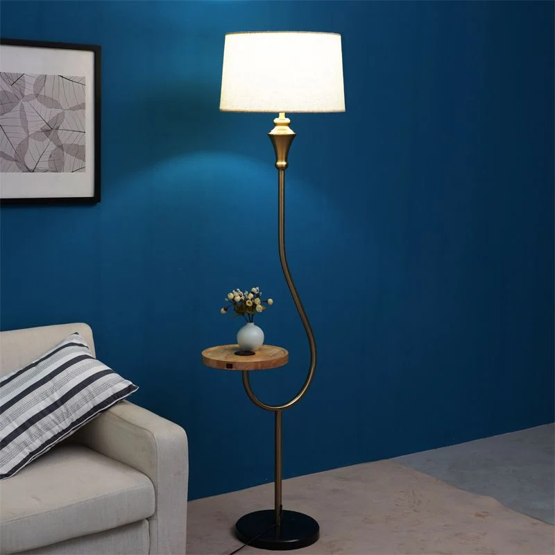 Modernisme Drum Shade Stand-up Lamp Stof Slaapkamer Vloerlamp met enkele kop en plank goud Clearhalo