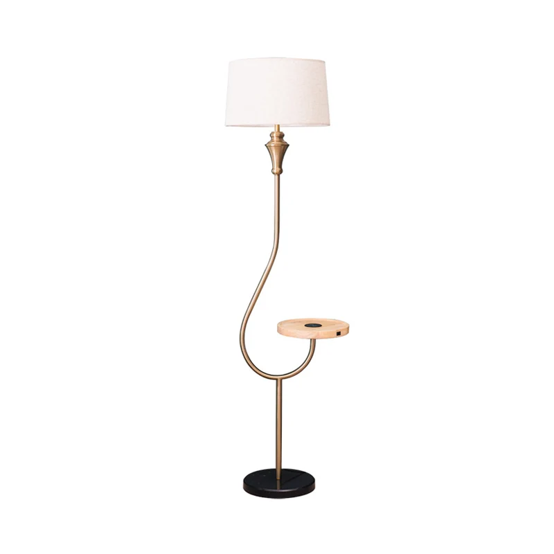 Modernisme Drum Shade Stand-up Lamp Stof Slaapkamer Vloerlamp met enkele kop en plank goud Clearhalo