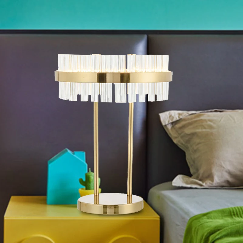 Modernisme Drum Tafellamp Handgesneden kristallen LED kleine bureaulamp goud voor slaapkamer Clearhalo