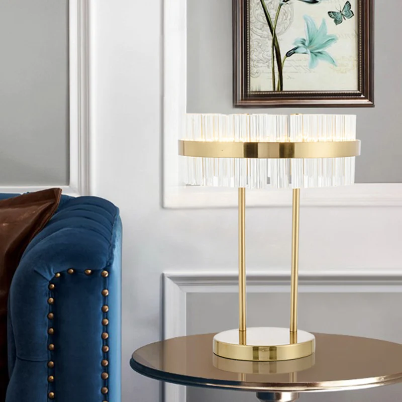 Modernisme Drum Tafellamp Handgesneden kristallen LED kleine bureaulamp goud voor slaapkamer Clearhalo