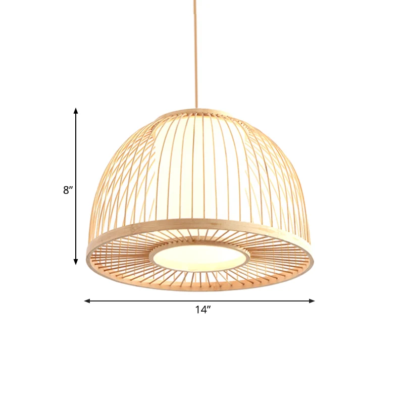 Modernisme koepelvormige hanglamp bamboe 1-lichts hangend plafondlamp voor binnen met cilindervormige binnenkap beige, 12"...