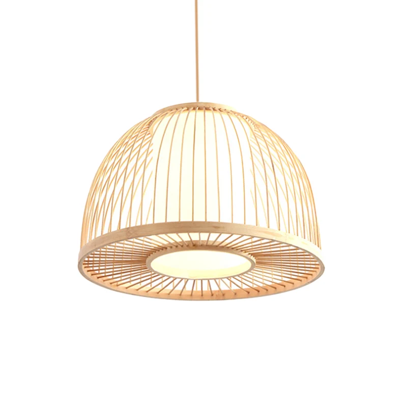 Modernisme koepelvormige hanglamp bamboe 1-lichts hangend plafondlamp voor binnen met cilindervormige binnenkap beige, 12"...