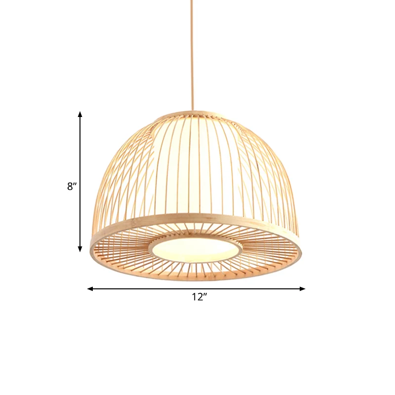 Modernisme koepelvormige hanglamp bamboe 1-lichts hangend plafondlamp voor binnen met cilindervormige binnenkap beige, 12"...