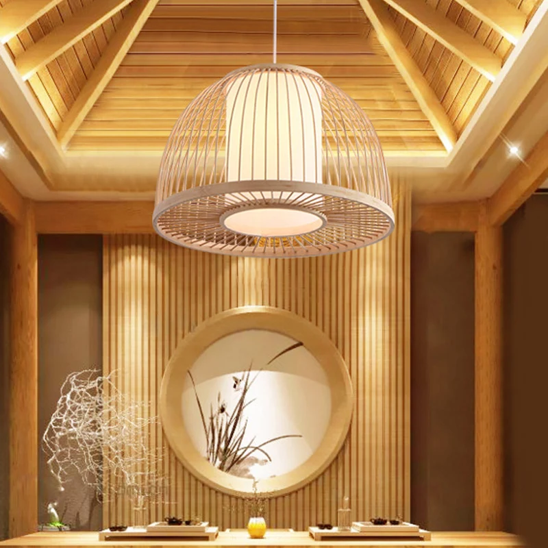 Modernisme koepelvormige hanglamp bamboe 1-lichts hangend plafondlamp voor binnen met cilindervormige binnenkap beige, 12"...