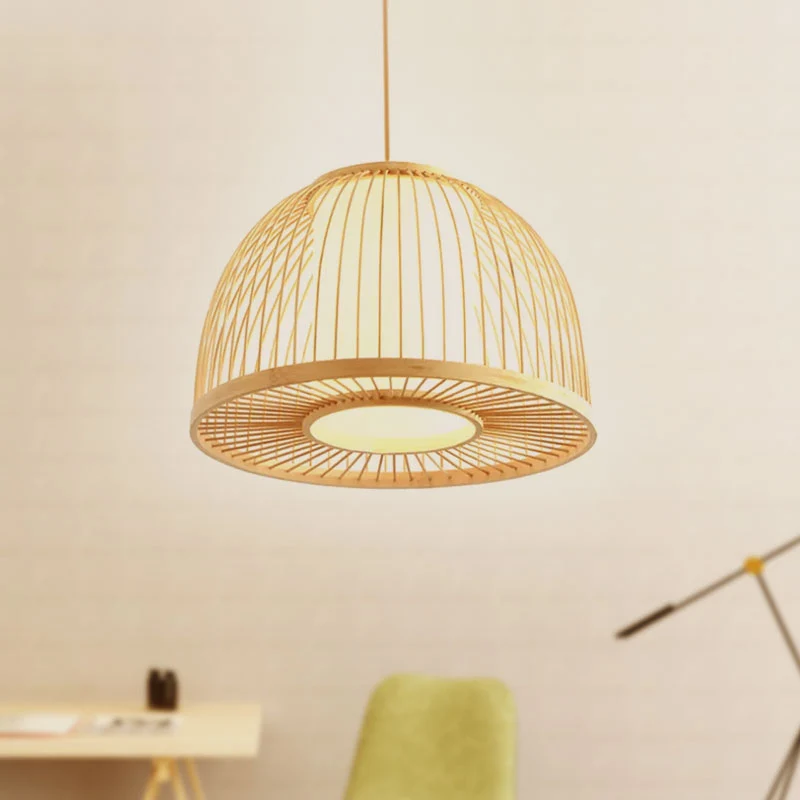 Modernisme koepelvormige hanglamp bamboe 1-lichts hangend plafondlamp voor binnen met cilindervormige binnenkap beige, 12"...