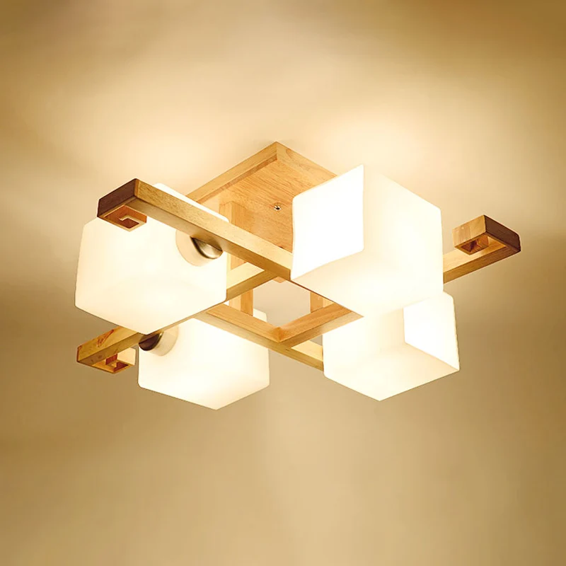 Modernisme 4/5 koppen plafondverlichting Beige kubieke semi-inbouwlamp met opaline glazen kap Clearhalo