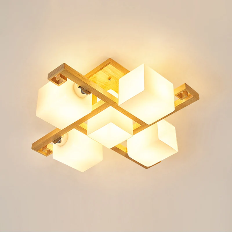 Modernisme 4/5 koppen plafondverlichting Beige kubieke semi-inbouwlamp met opaline glazen kap Clearhalo