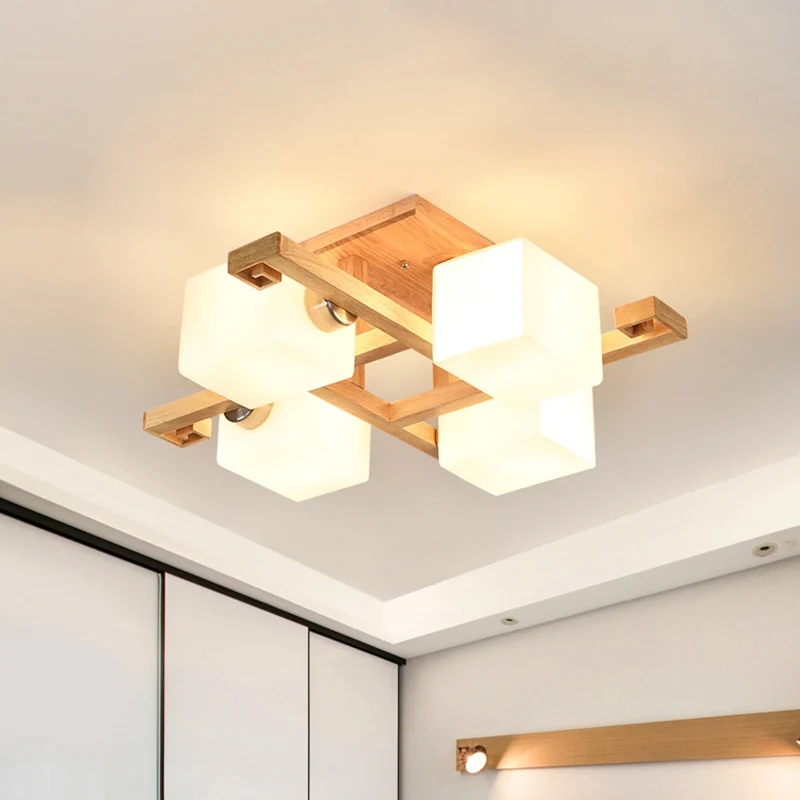 Modernisme 4/5 koppen plafondverlichting Beige kubieke semi-inbouwlamp met opaline glazen kap Clearhalo