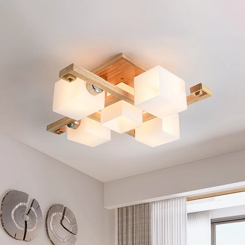 Modernisme 4/5 koppen plafondverlichting Beige kubieke semi-inbouwlamp met opaline glazen kap Clearhalo