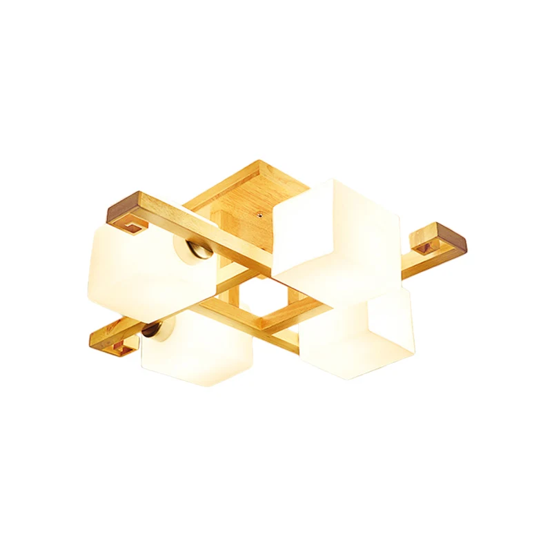 Modernisme 4/5 koppen plafondverlichting Beige kubieke semi-inbouwlamp met opaline glazen kap Clearhalo
