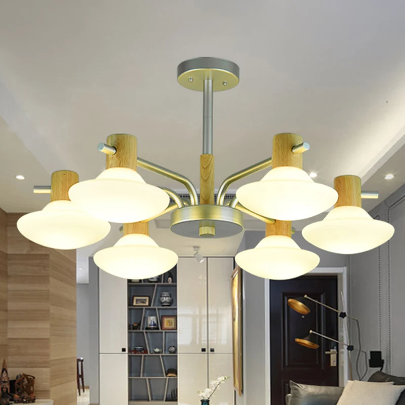 Modernisme Paddestoel Semi-inbouwlicht opaal matglas 5/6-koppige slaapkamerplafondlamp hout Clearhalo