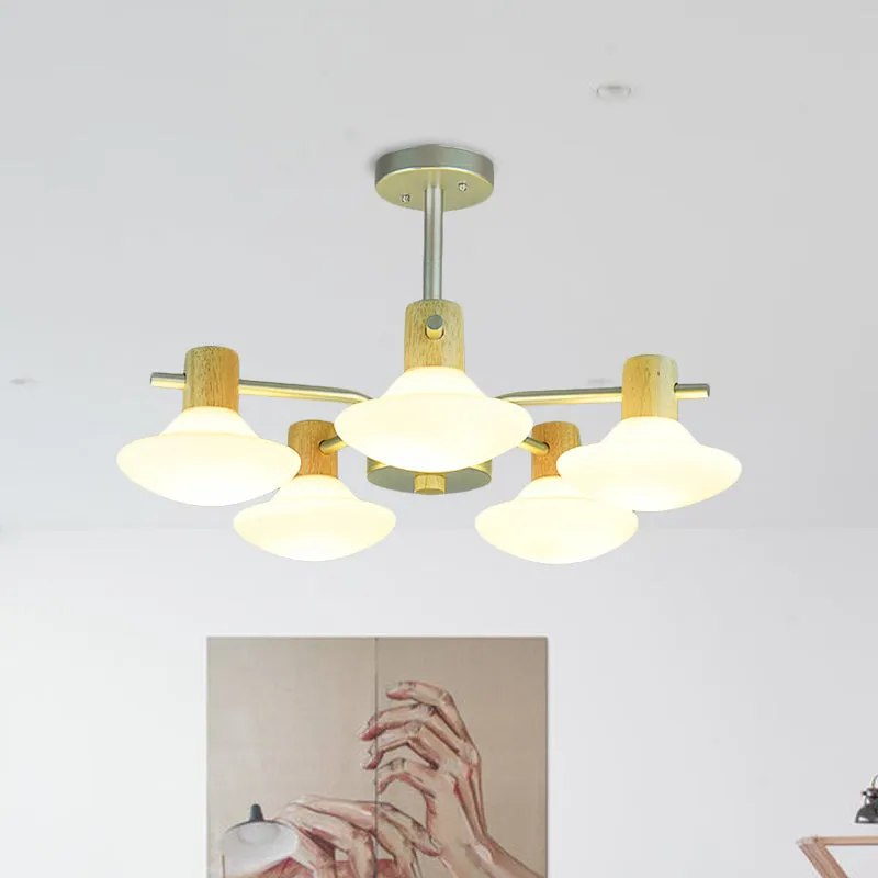 Modernisme Paddestoel Semi-inbouwlicht opaal matglas 5/6-koppige slaapkamerplafondlamp hout Clearhalo
