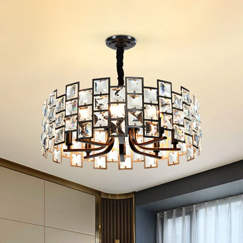 Modernisme ronde hanglamp 8-lichts kristallen blok ingebedde kroonluchterlamp zwart Clearhalo