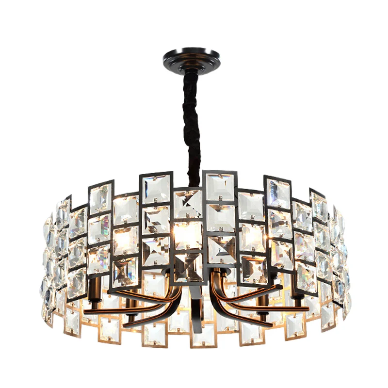 Modernisme ronde hanglamp 8-lichts kristallen blok ingebedde kroonluchterlamp zwart Clearhalo