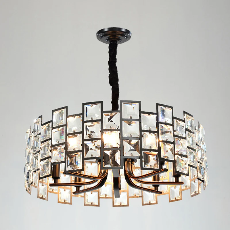 Modernisme ronde hanglamp 8-lichts kristallen blok ingebedde kroonluchterlamp zwart Clearhalo
