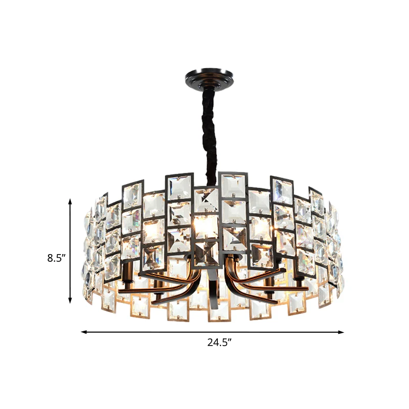 Modernisme ronde hanglamp 8-lichts kristallen blok ingebedde kroonluchterlamp zwart Clearhalo