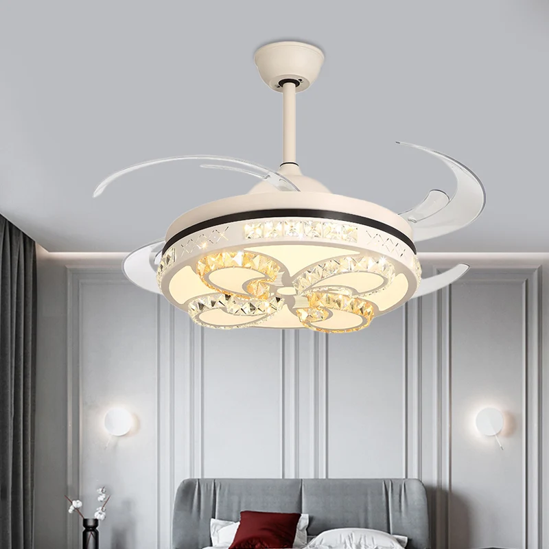 Modernisme ronde plafondventilator verlichting 42" breedte LED acryl semi-inbouwlamp crème met kristallen accent, 4 helder...