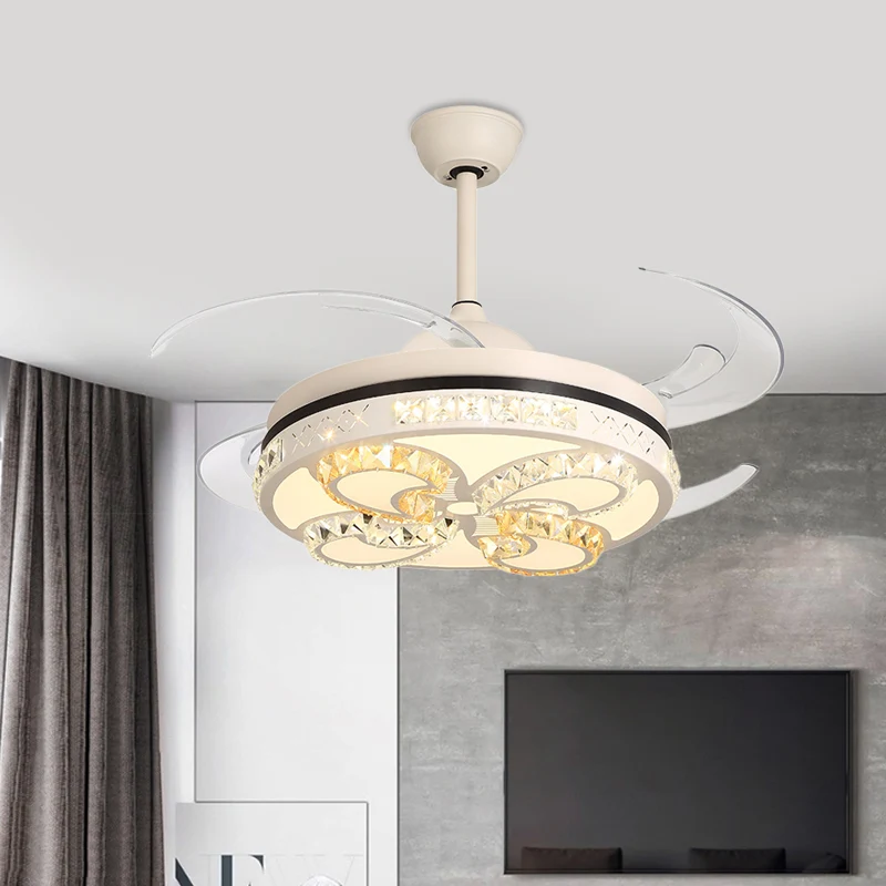 Modernisme ronde plafondventilator verlichting 42" breedte LED acryl semi-inbouwlamp crème met kristallen accent, 4 helder...