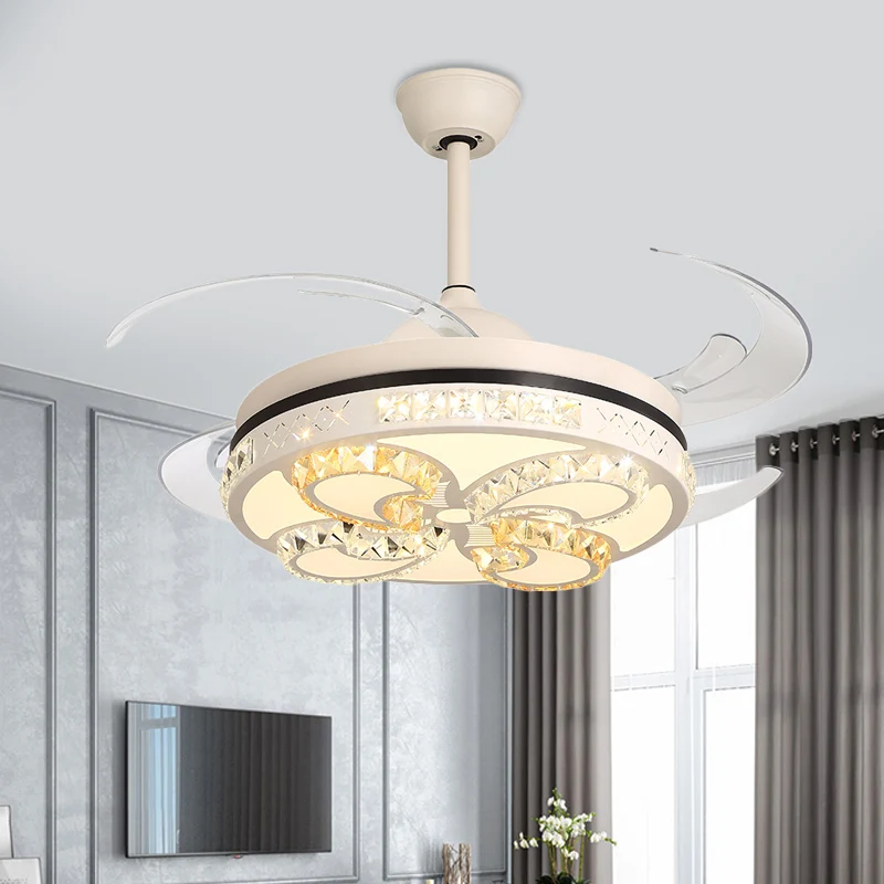 Modernisme ronde plafondventilator verlichting 42" breedte LED acryl semi-inbouwlamp crème met kristallen accent, 4 helder...