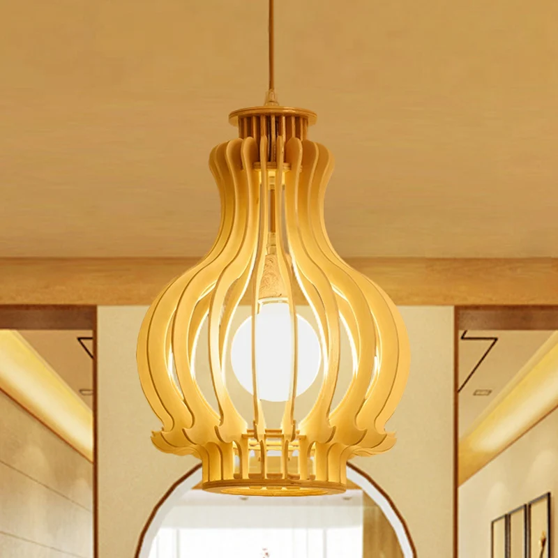 Modernisme Urn/Kalebas Hanglamp Hout 1 Lamp Hanglamp Beige voor Eetkamer Clearhalo