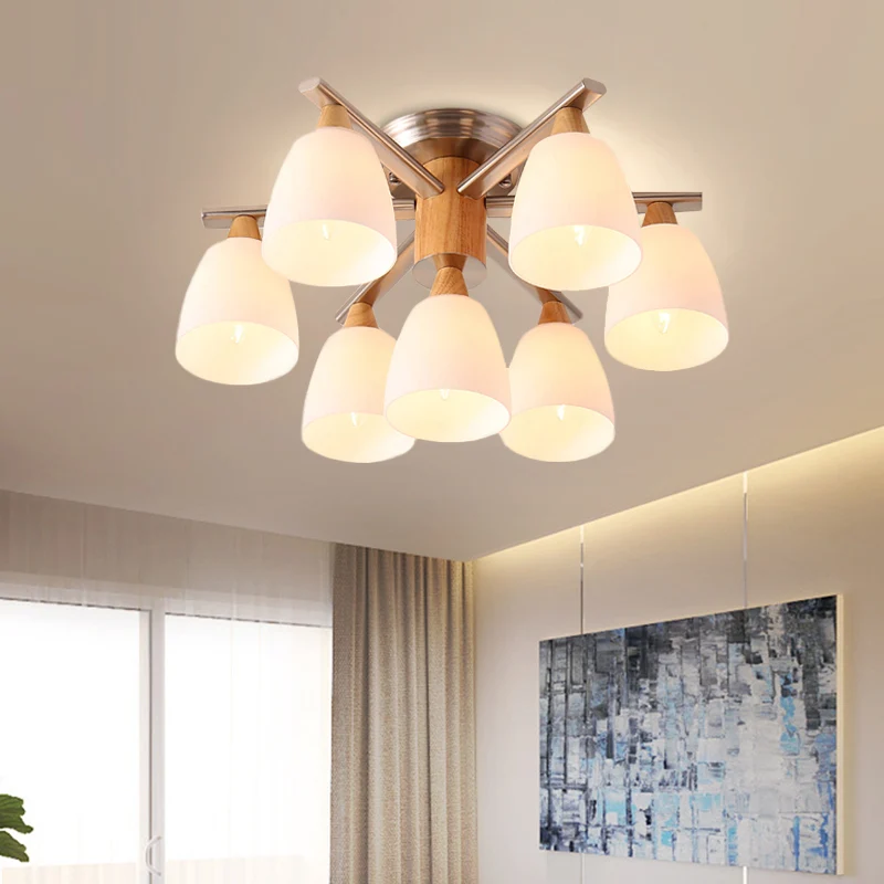 Modernistische 7-lichts semi-inbouwverlichting Chroom en houten kopplafondgemonteerde lamp met opaalglazen kap Clearhalo