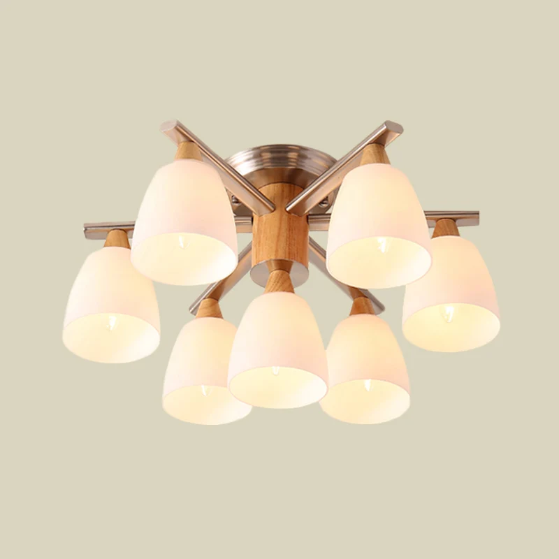Modernistische 7-lichts semi-inbouwverlichting Chroom en houten kopplafondgemonteerde lamp met opaalglazen kap Clearhalo