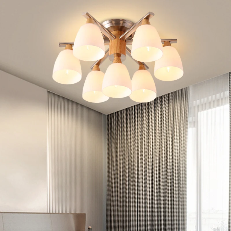 Modernistische 7-lichts semi-inbouwverlichting Chroom en houten kopplafondgemonteerde lamp met opaalglazen kap Clearhalo