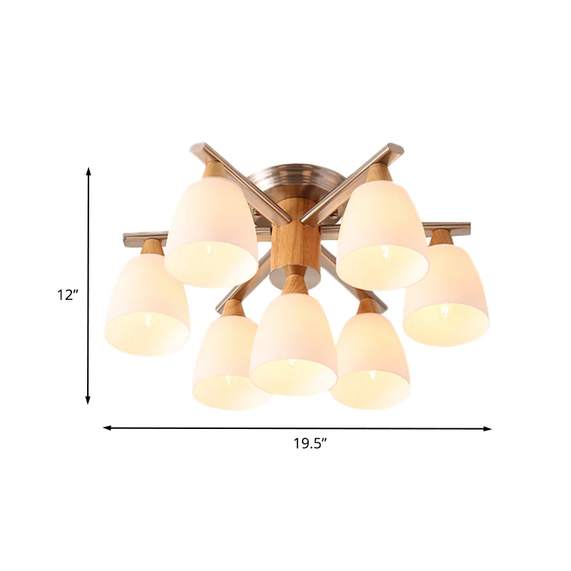 Modernistische 7-lichts semi-inbouwverlichting Chroom en houten kopplafondgemonteerde lamp met opaalglazen kap Clearhalo