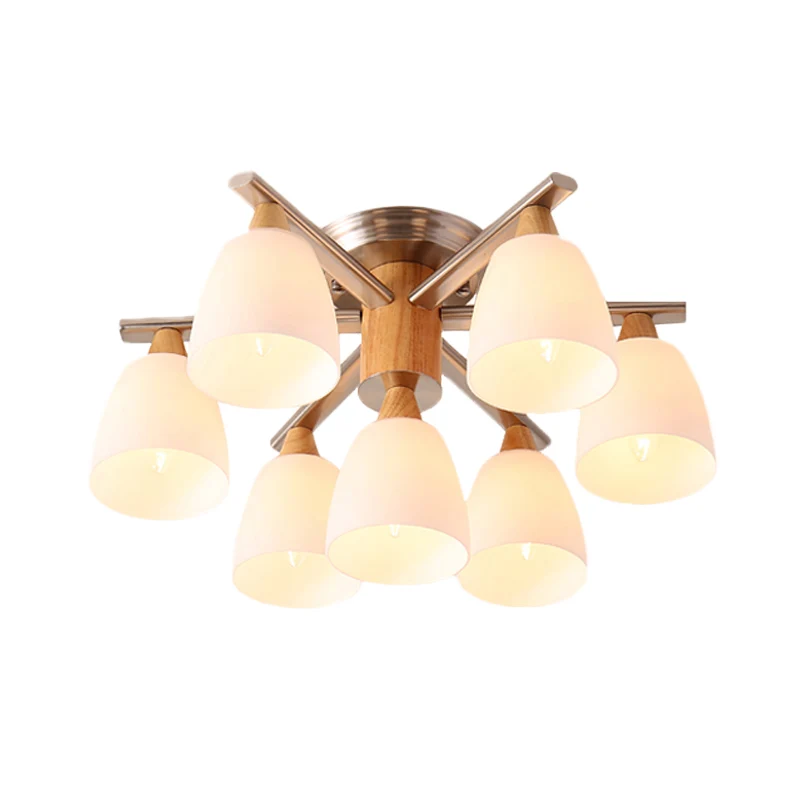 Modernistische 7-lichts semi-inbouwverlichting Chroom en houten kopplafondgemonteerde lamp met opaalglazen kap Clearhalo