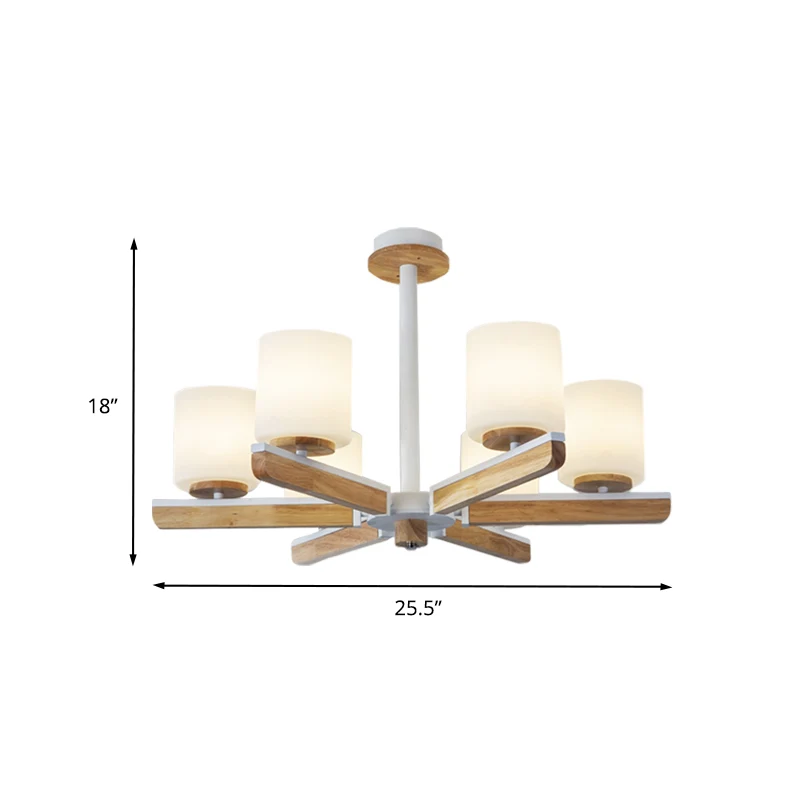 Modernistische cilinderkroonluchter, wit matglas, 6-koppige woonkamer, radiale hanger hout Clearhalo