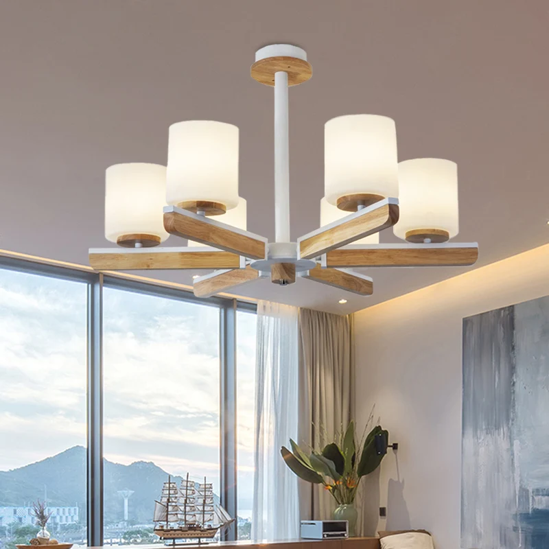 Modernistische cilinderkroonluchter, wit matglas, 6-koppige woonkamer, radiale hanger hout Clearhalo