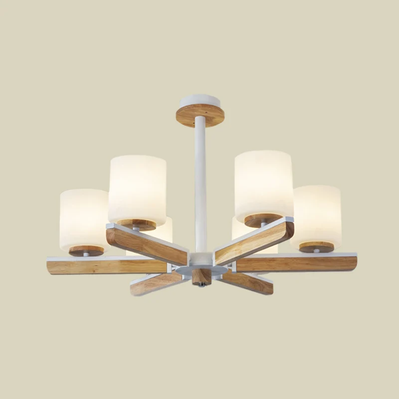 Modernistische cilinderkroonluchter, wit matglas, 6-koppige woonkamer, radiale hanger hout Clearhalo