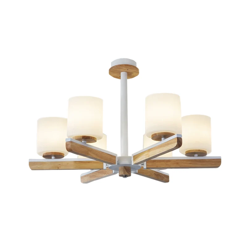 Modernistische cilinderkroonluchter, wit matglas, 6-koppige woonkamer, radiale hanger hout Clearhalo