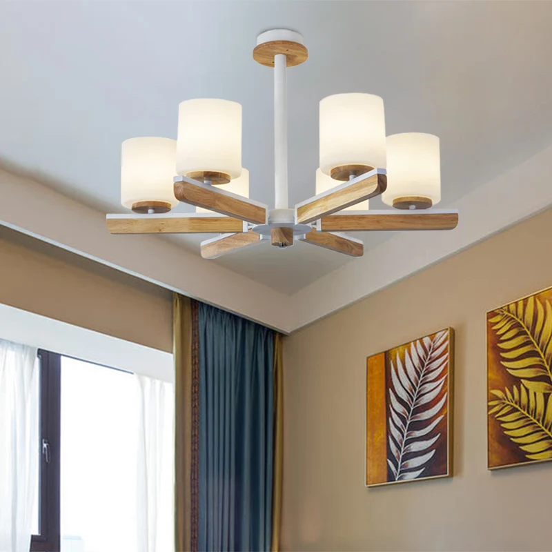 Modernistische cilinderkroonluchter, wit matglas, 6-koppige woonkamer, radiale hanger hout Clearhalo