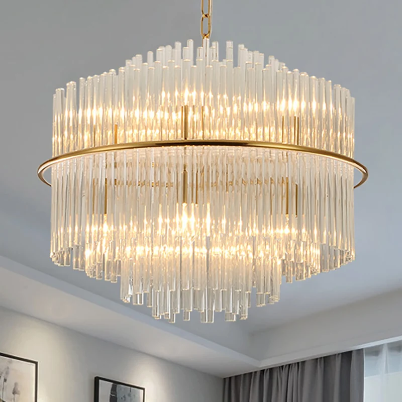 Modernistische gelaagde plafondkroonluchter Kristallen hanglamp met 9 koppen goud met metalen ketting Clearhalo