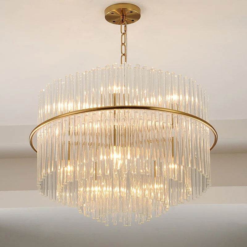 Modernistische gelaagde plafondkroonluchter Kristallen hanglamp met 9 koppen goud met metalen ketting Clearhalo