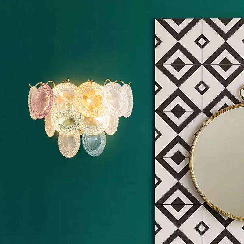 Modernistische gelaagde schijfwandlamp roze en blauw glas 5 lampen eetkamer wandgemonteerde verlichtingsarmatuur Clearhalo