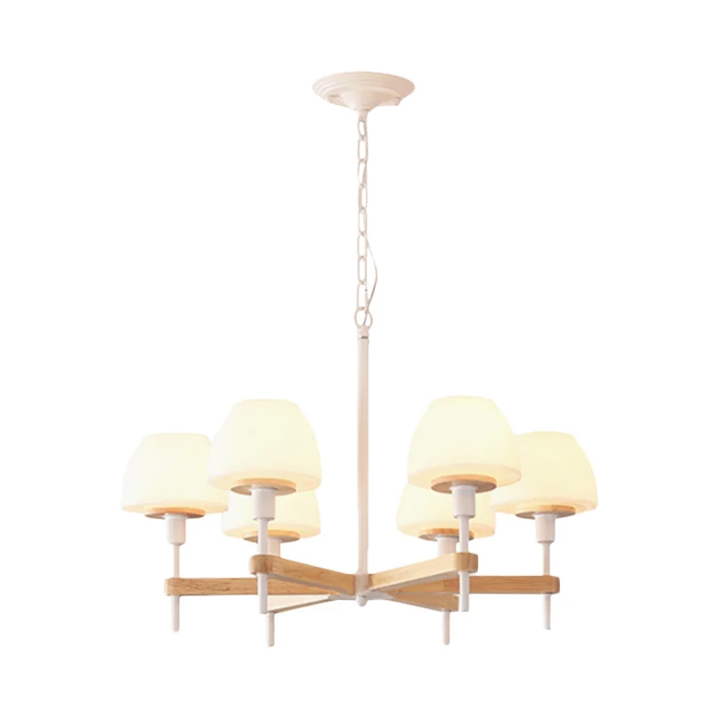 Modernistische hanglamp potvorm, mat wit glas, 6 lampen, radiale kroonluchter hout Clearhalo