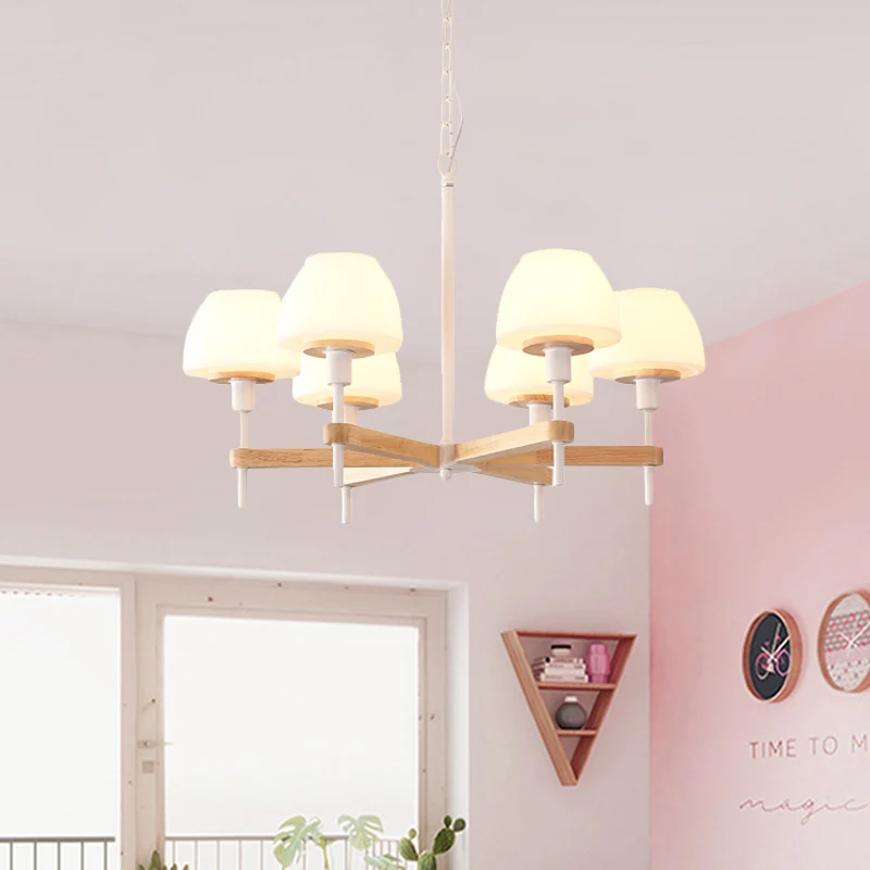 Modernistische hanglamp potvorm, mat wit glas, 6 lampen, radiale kroonluchter hout Clearhalo