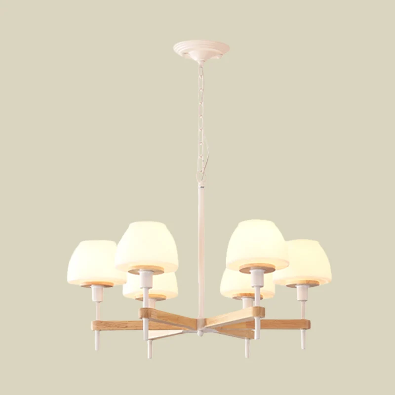 Modernistische hanglamp potvorm, mat wit glas, 6 lampen, radiale kroonluchter hout Clearhalo