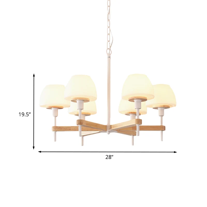 Modernistische hanglamp potvorm, mat wit glas, 6 lampen, radiale kroonluchter hout Clearhalo