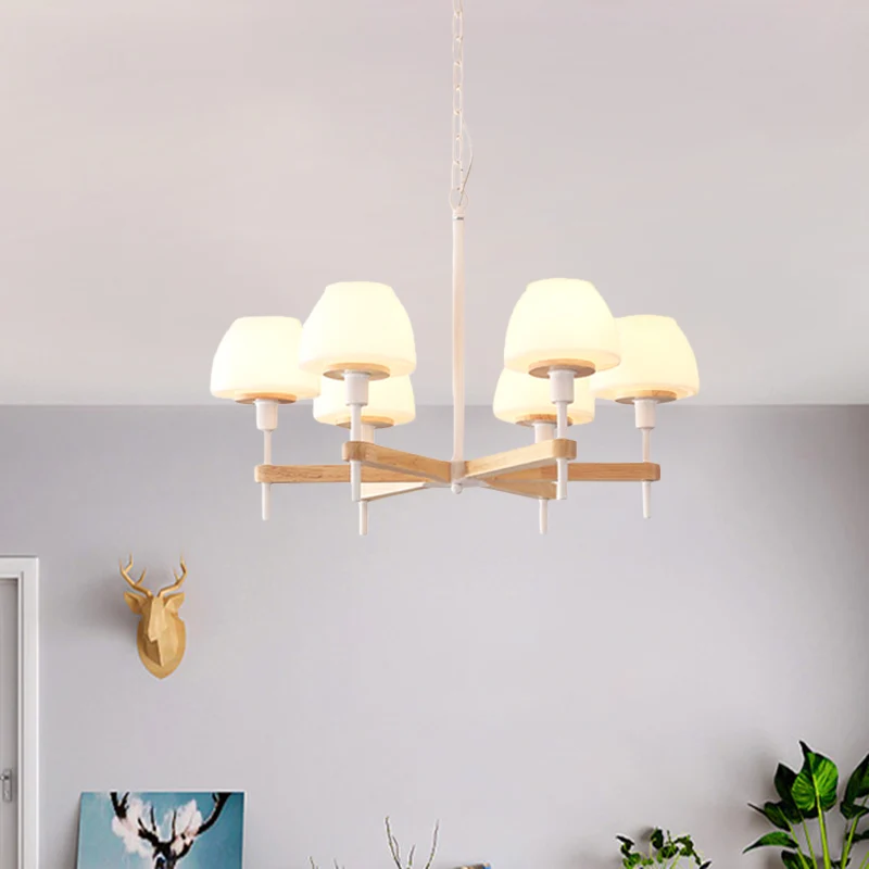 Modernistische hanglamp potvorm, mat wit glas, 6 lampen, radiale kroonluchter hout Clearhalo