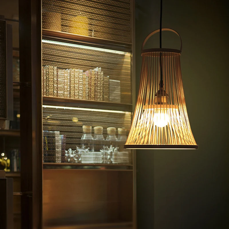 Modernistische hanglamp van bamboe met 1 lamp en brede flare hout Clearhalo