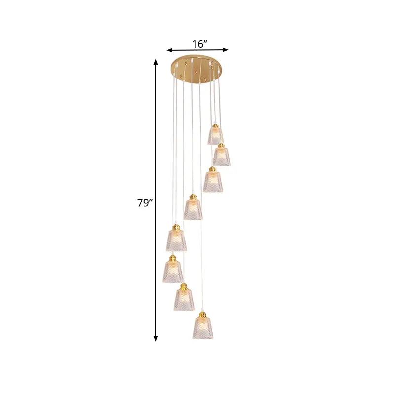Modernistische kegelvormige hanglampset, 8 lampen, helder roosterglas, multilichthanger goud met spiraalvormig ontwerp Cle...