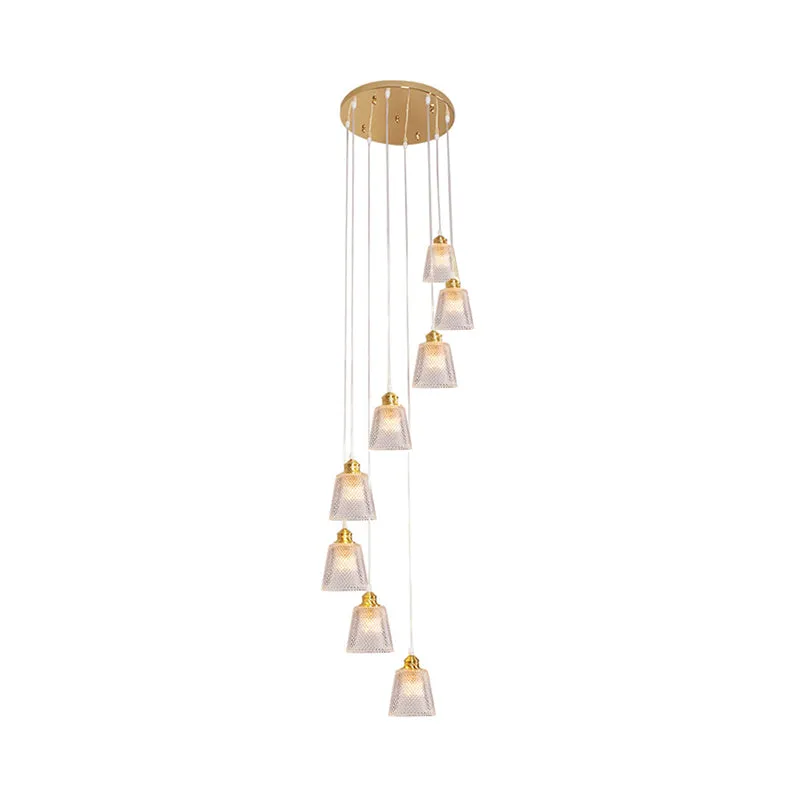 Modernistische kegelvormige hanglampset, 8 lampen, helder roosterglas, multilichthanger goud met spiraalvormig ontwerp Cle...