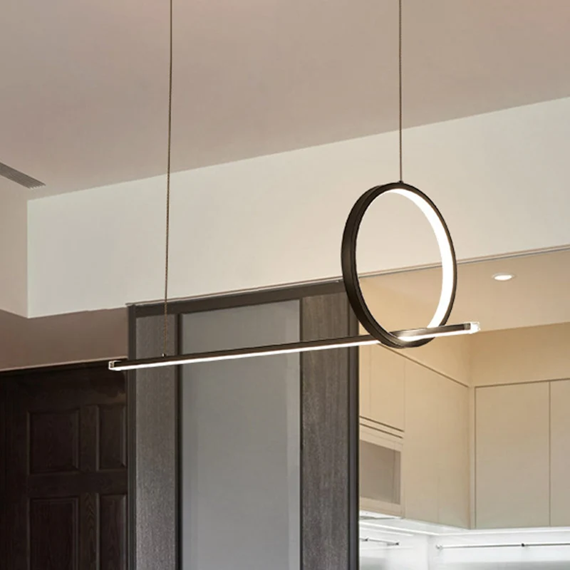 Modernistische lineaire en ringkroonluchterlamp IJzeren eetkamer LED-eilandhanglamp zwart Clearhalo