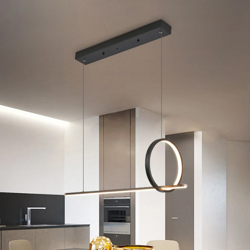 Modernistische lineaire en ringkroonluchterlamp IJzeren eetkamer LED-eilandhanglamp zwart Clearhalo