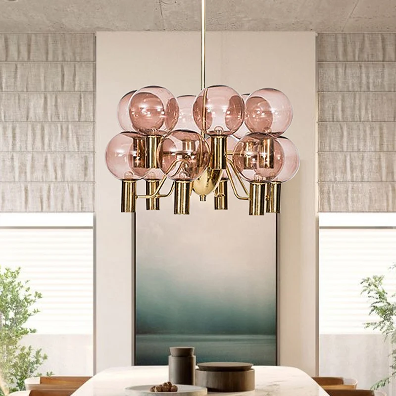 Modernistische mondiale plafondkroonluchter roze glas 12 koppen eetkamer hangende hanglamp Clearhalo
